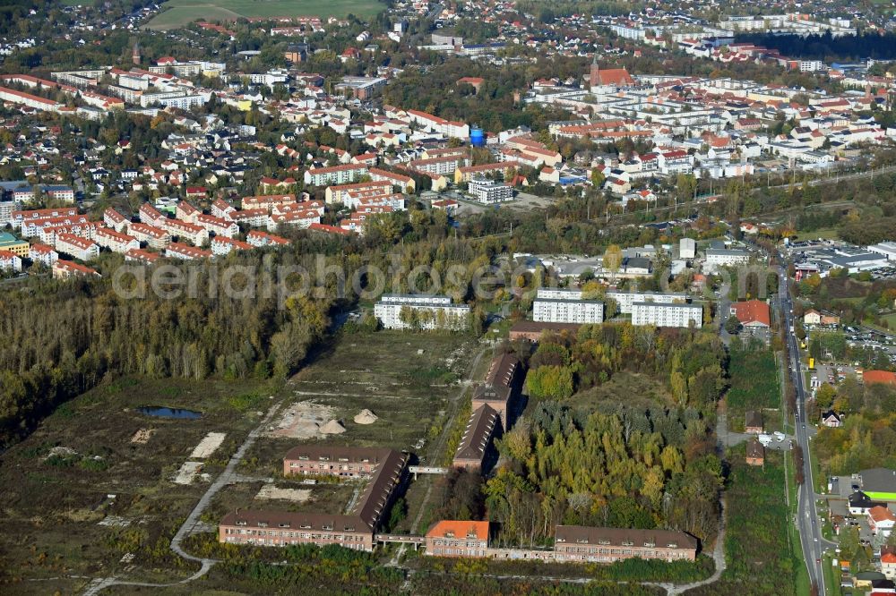 Bernau from above - Construction site for the renovation and reconstruction of the building complex of the former military barracks on Schwanbecker Chaussee in the district Lindow in Bernau in the state Brandenburg, Germany