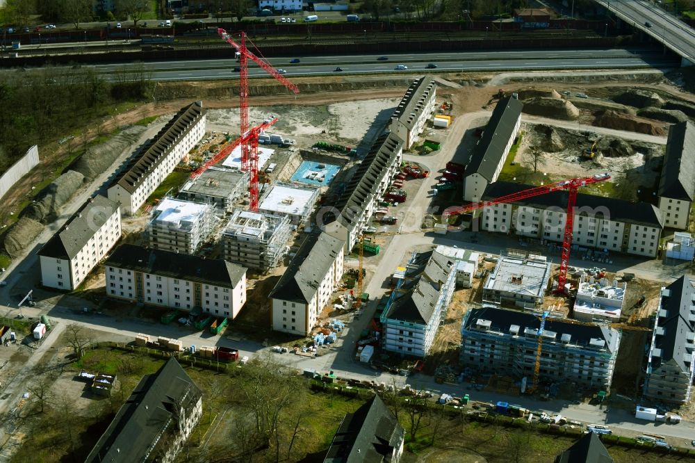 Aerial image Hanau - Construction site for the renovation and reconstruction of the building complex of the former military barracks PIONEER QUARTIER in the district Wolfgang in Hanau in the state Hesse, Germany