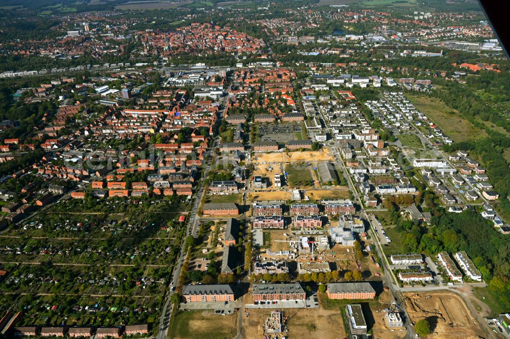 Lüneburg from above - Construction site for the renovation and conversion of the building complex of the former military barracks Schlieffen-Kaserne to a residential area Hanseviertel on Bleckeder Landstrasse in Lueneburg in the state Lower Saxony, Germany