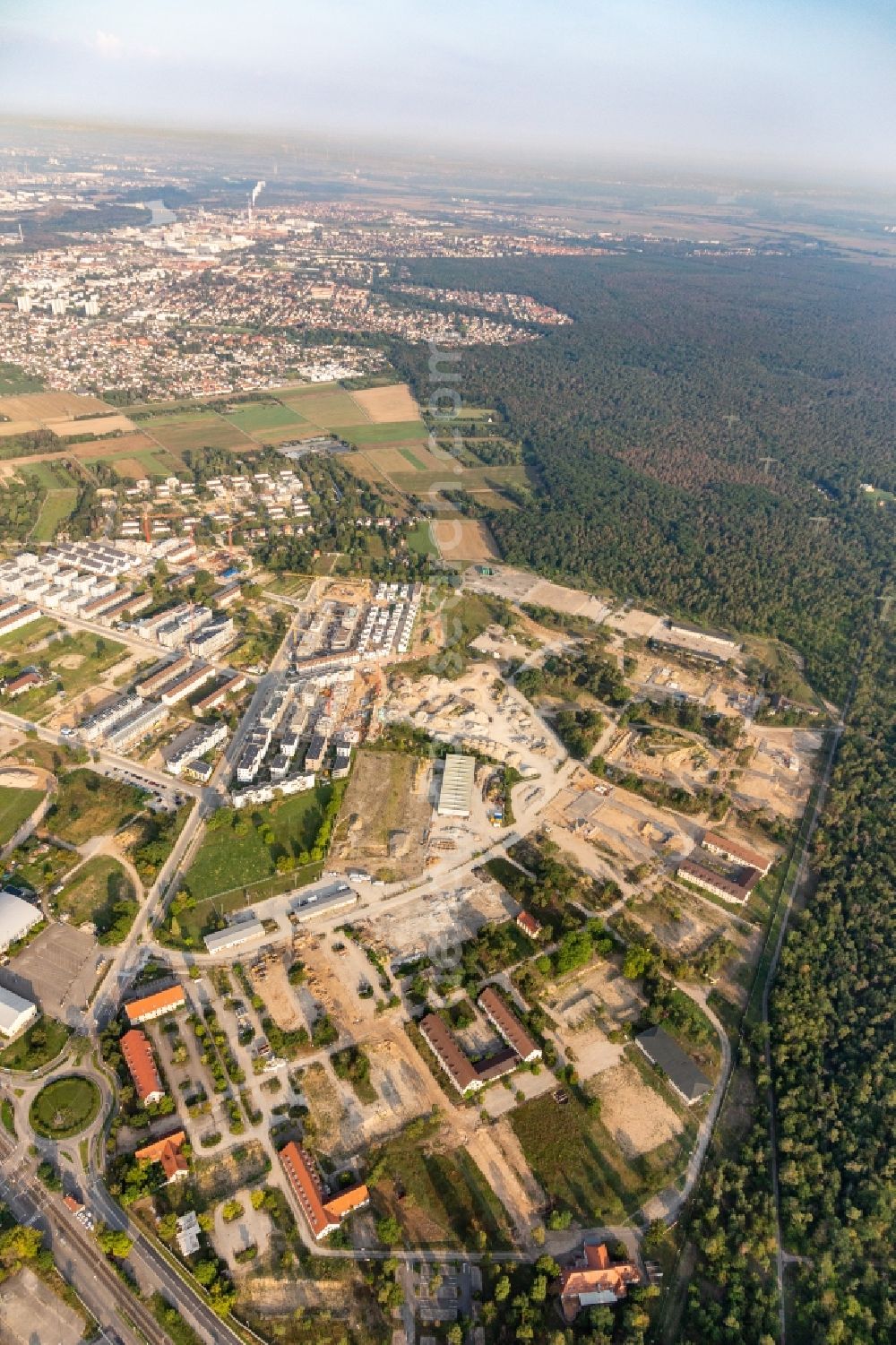 Mannheim from the bird's eye view: Construction site for the renovation and reconstruction of the former US-military barracks SULLIVAN on Kaefertal Forest d in Mannheim in the state Baden-Wurttemberg, Germany