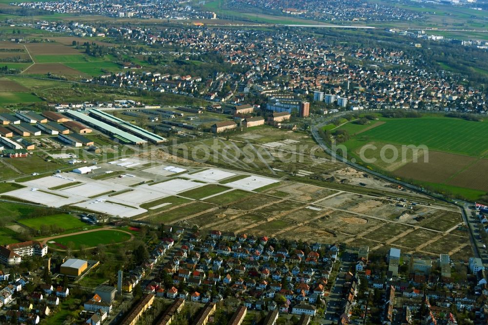 Aerial photograph Mannheim - Construction site for the dismantling and conversion of the former military Spinelli barracks in the district of Kaefertal in Mannheim in the state Baden-Wurttemberg, Germany
