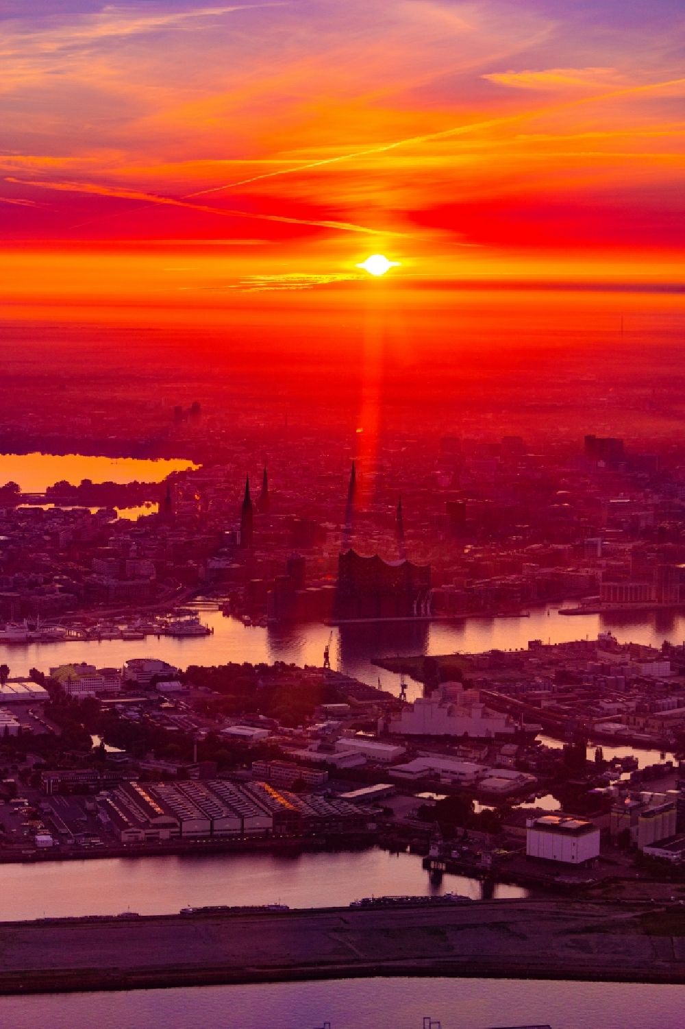 Aerial photograph Hamburg - Elbphilharmonie concert hall in the Hafencity during sunrise in Hamburg, Germany