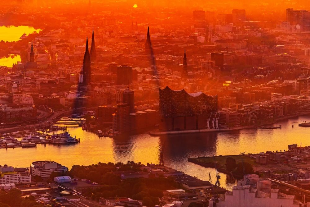 Hamburg from above - Elbphilharmonie concert hall in the Hafencity during sunrise in Hamburg, Germany