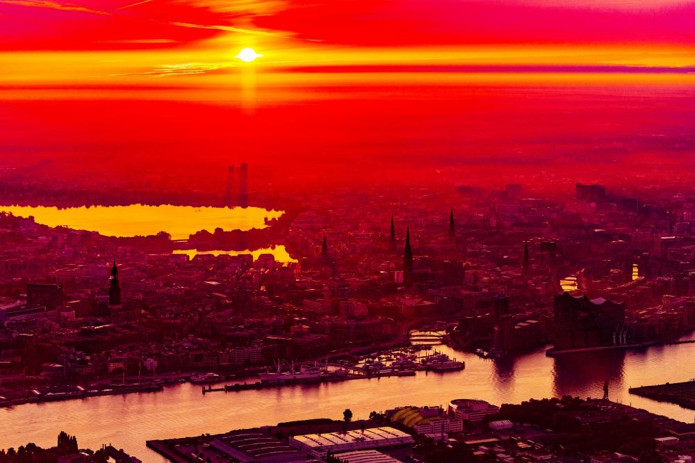 Hamburg from the bird's eye view: Elbphilharmonie concert hall in the Hafencity during sunrise in Hamburg, Germany