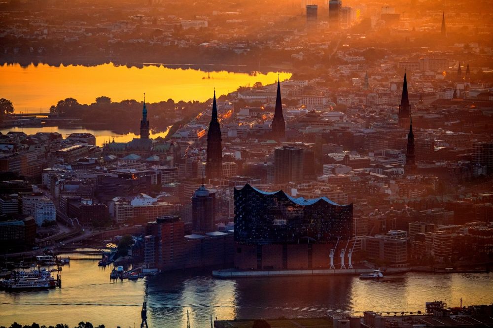 Aerial image Hamburg - Elbphilharmonie concert hall in the Hafencity during sunrise in Hamburg, Germany