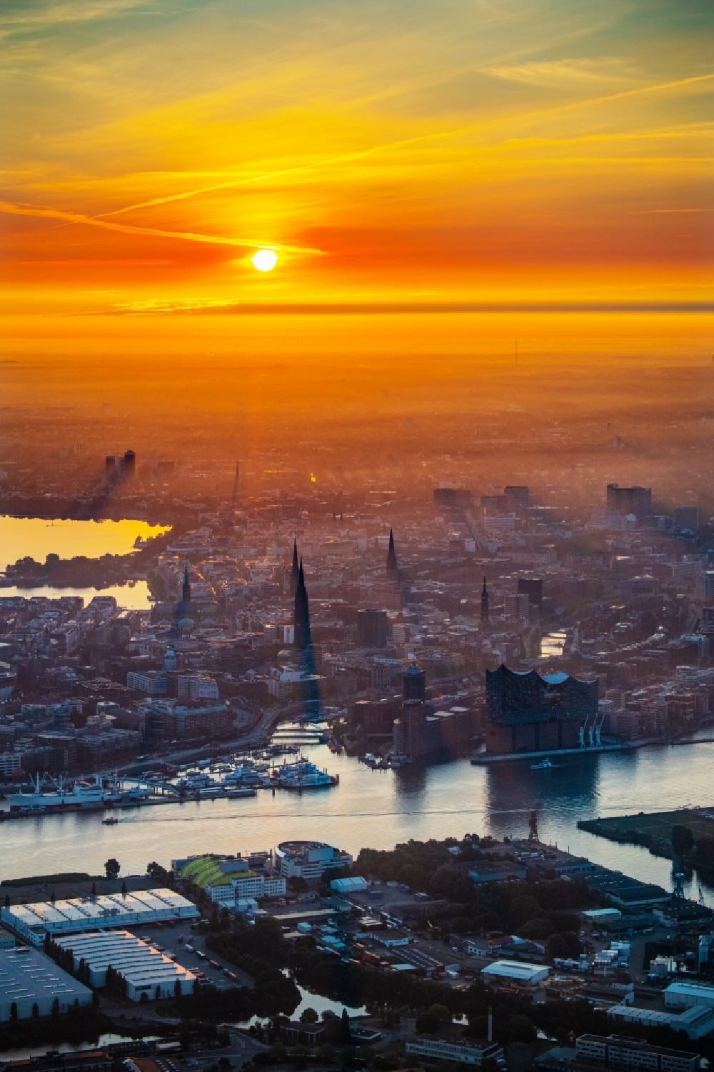 Hamburg from above - Elbphilharmonie concert hall in the Hafencity during sunrise in Hamburg, Germany
