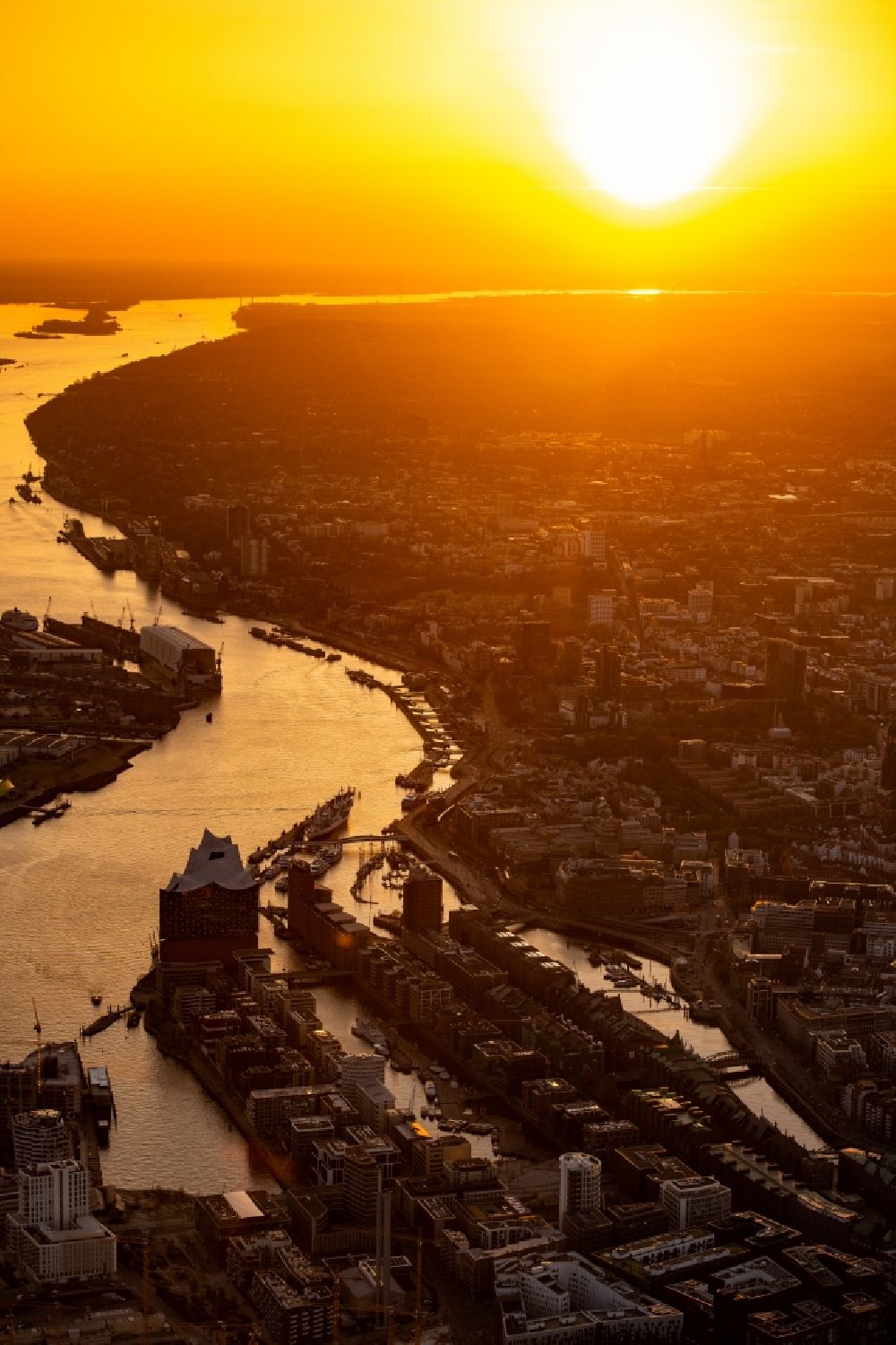Aerial image Hamburg - Elbphilharmonie concert hall at sunset in the Hafencity in Hamburg, Germany