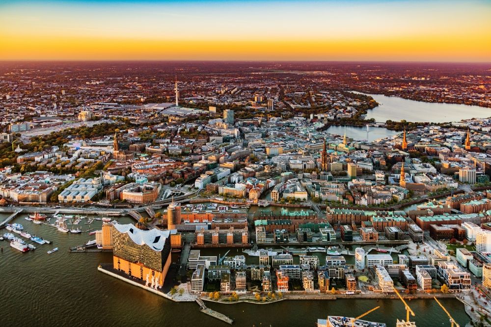 Hamburg from the bird's eye view: Elbphilharmonie concert hall at sunset in the Hafencity in Hamburg, Germany