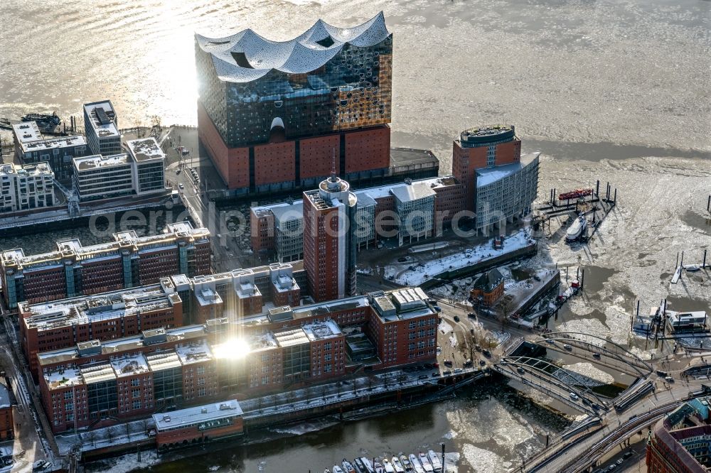 Aerial photograph Hamburg - The Elbe Philharmonic Hall at sunset on the river bank of the Elbe in Hamburg