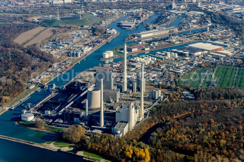 Aerial photograph Karlsruhe - Power plants and exhaust towers of thermal power station EnBW Energie Baden-Wuerttemberg AG on Rheinhafen port in the district Daxlanden in Karlsruhe in the state Baden-Wuerttemberg