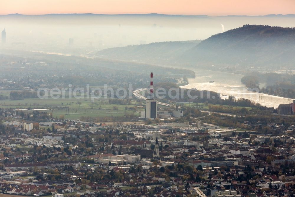 Korneuburg from the bird's eye view: Power plant and thermal power station Korneuburg in the South of Korneuburg in Lower Austria, Austria. Silos on site are being demolished