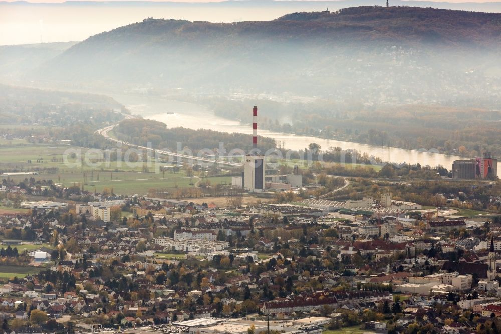 Korneuburg from above - Power plant and thermal power station Korneuburg in the South of Korneuburg in Lower Austria, Austria. Silos on site are being demolished