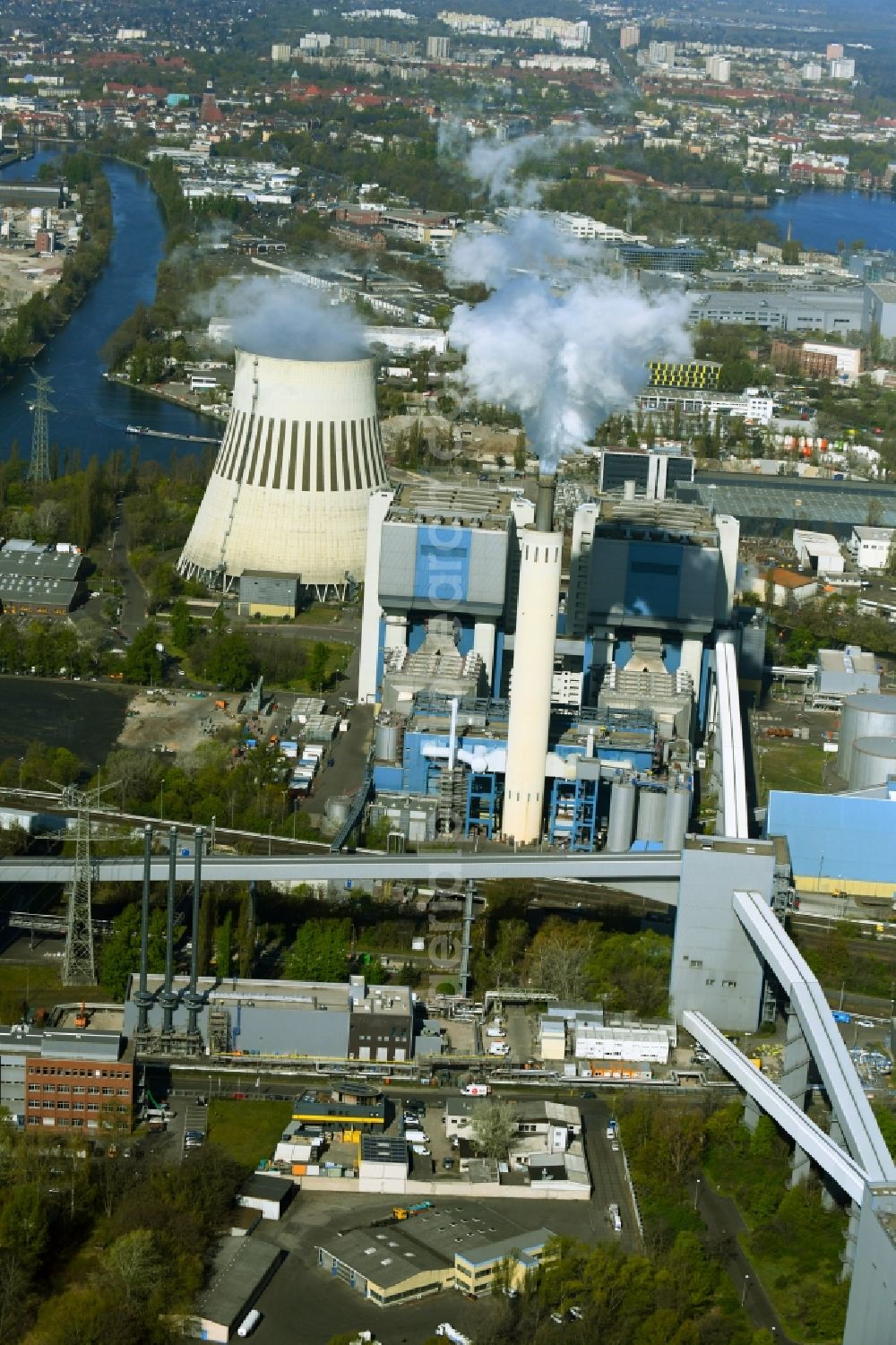Berlin from above - Power plants and exhaust gas towers of the thermal power plant - Kraftwerk Reuter West Grosser Spreering in Berlin, Germany