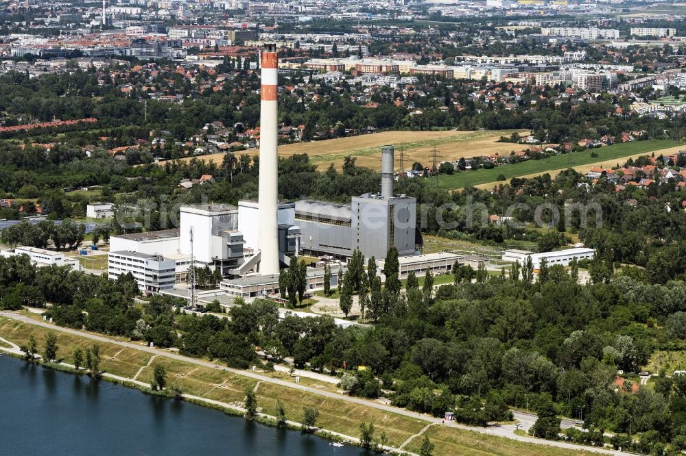 Wien from the bird's eye view: Power plants and exhaust towers of thermal power station KWK-Kraftwek Donaustadt in Vienna in Austria