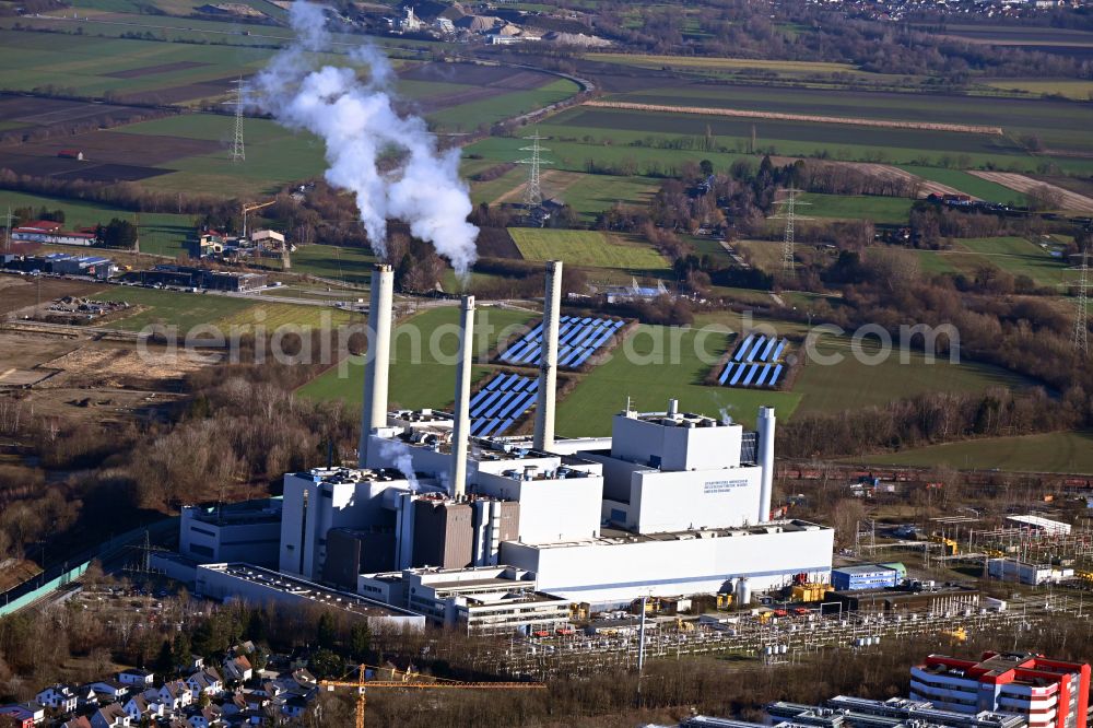 München from above - Power plants and exhaust towers of thermal power station SWM Heizkraftwerk Nord in Unterfoehring in the state of Bavaria