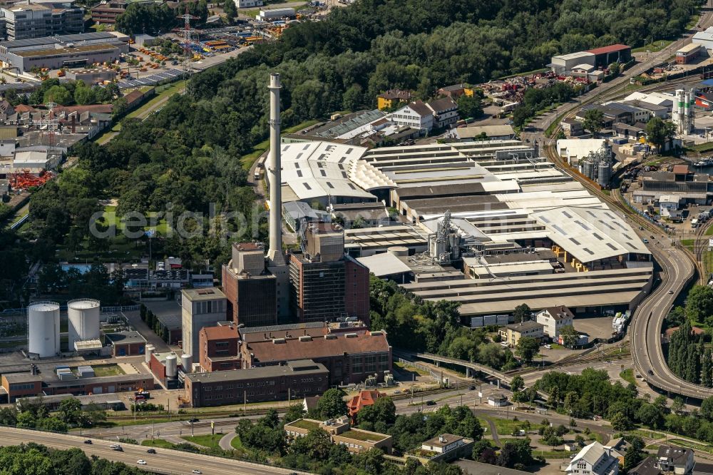 Aerial photograph Karlsruhe - Power plants and exhaust towers of coal thermal power station in the district Muehlburg in Karlsruhe in the state Baden-Wurttemberg, Germany