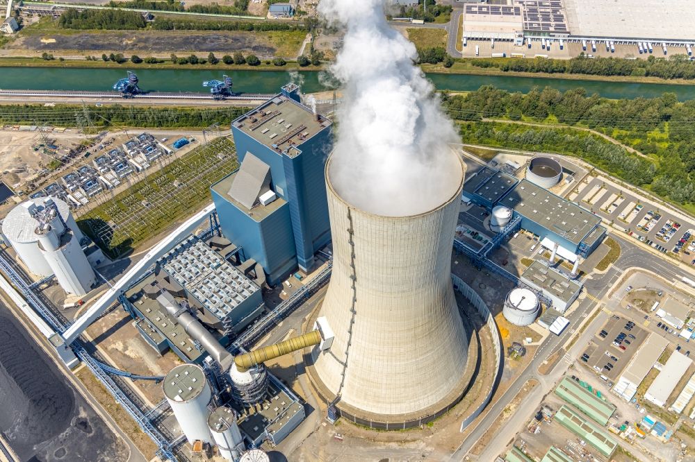 Aerial image Datteln - Power plants and exhaust towers of coal thermal power station Datteln 4 Uniper Kraftwerk Im Loeringhof in Datteln in the state North Rhine-Westphalia, Germany