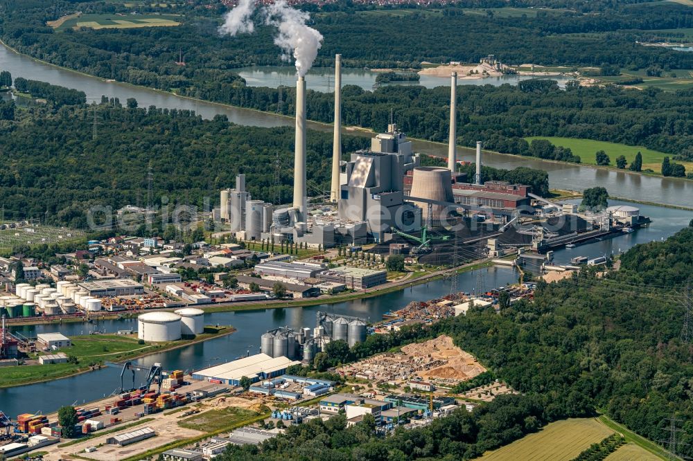 Aerial image Karlsruhe - Power plants and exhaust towers of coal thermal power station EnBW Energie Baden-Wuerttemberg AG, Rheinhafen-Dampfkraftwerk Karlsruhe in Karlsruhe in the state Baden-Wuerttemberg, Germany