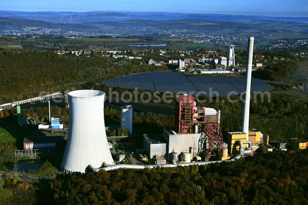 Quierschied from above - power plants and exhaust towers of coal thermal power station Weiher in Quierschied in the state Saarland, Germany