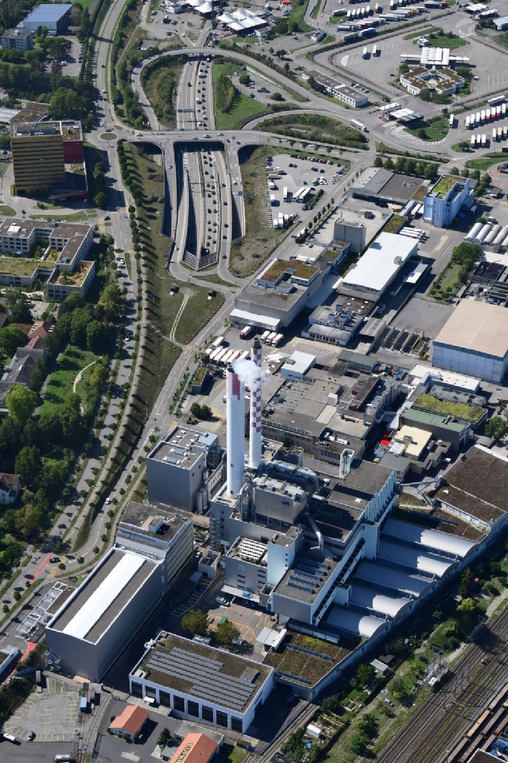 Aerial image Basel - Power plants and exhaust towers of waste incineration plant station KVA in Basel, Switzerland