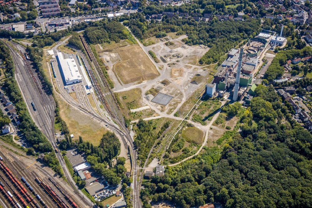 Aerial image Herne - Power plant of the coal thermal power station Shamrock on site of the former mining pit Shamrock and railway depot and repair shop for maintenance in the Wanne-Eickel part of Herne in the state of North Rhine-Westphalia