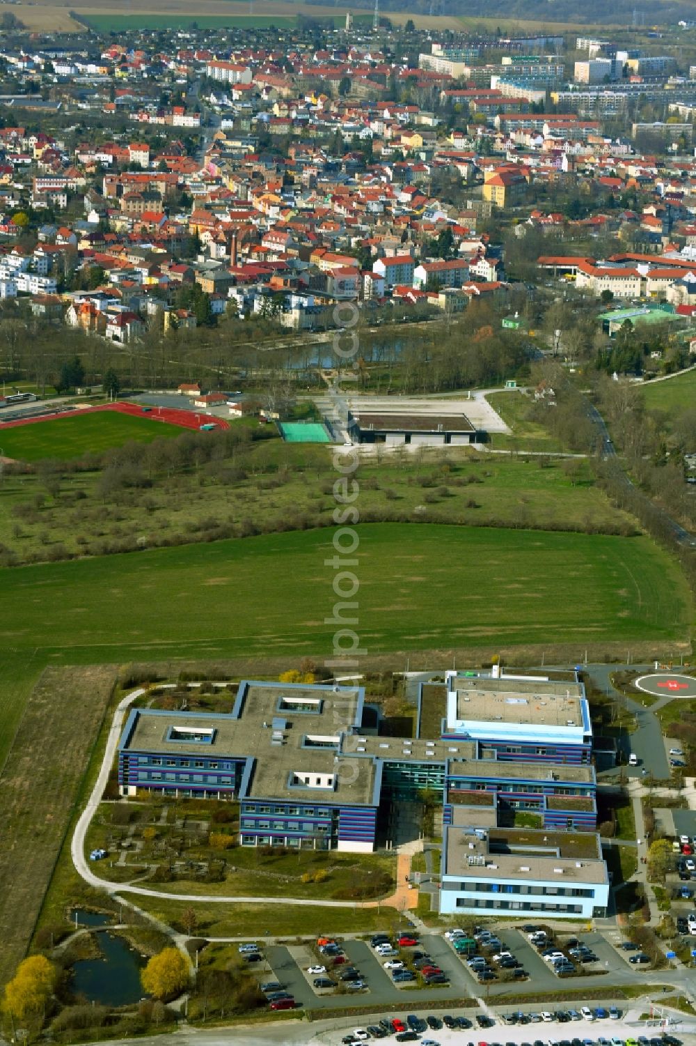 Apolda from above - Clinic building and grounds of the hospital Robert Koch in Apolda in the state Thuringia, Germany