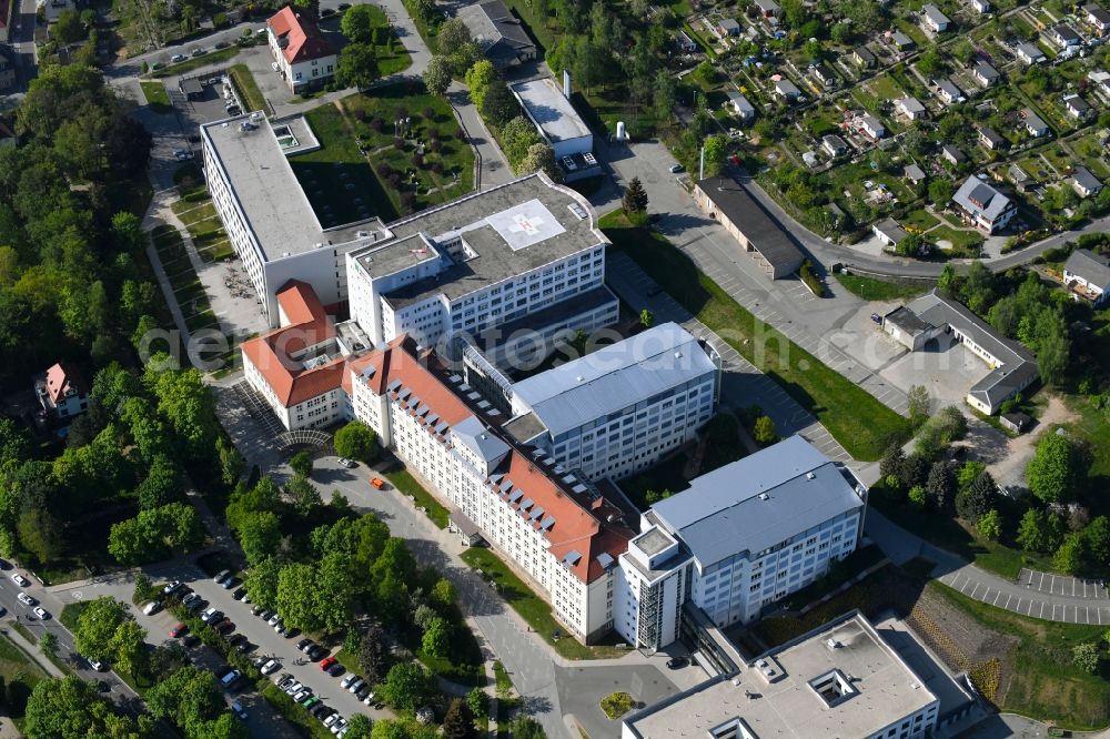 Aue from above - Hospital grounds of the Clinic Helios Klinikum Aue on Gartenstrasse in Aue in the state Saxony, Germany
