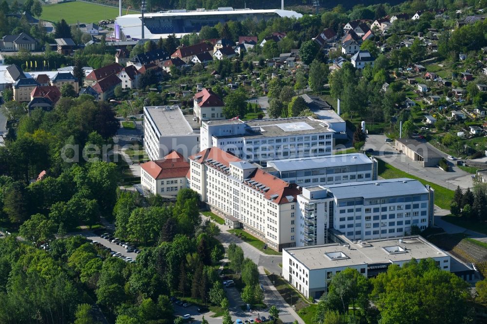 Aue from the bird's eye view: Hospital grounds of the Clinic Helios Klinikum Aue on Gartenstrasse in Aue in the state Saxony, Germany