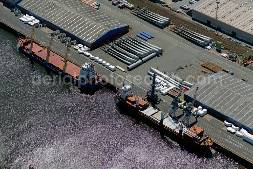 Bremen from the bird's eye view: Crane ship anchoring in the port at the Bremerhaven offshore terminal in the Neustaedter Hafen district in Bremen, Germany