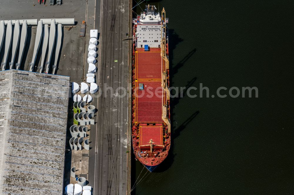 Aerial image Bremen - Crane ship anchoring in the port at the Bremerhaven offshore terminal in the Neustaedter Hafen district in Bremen, Germany