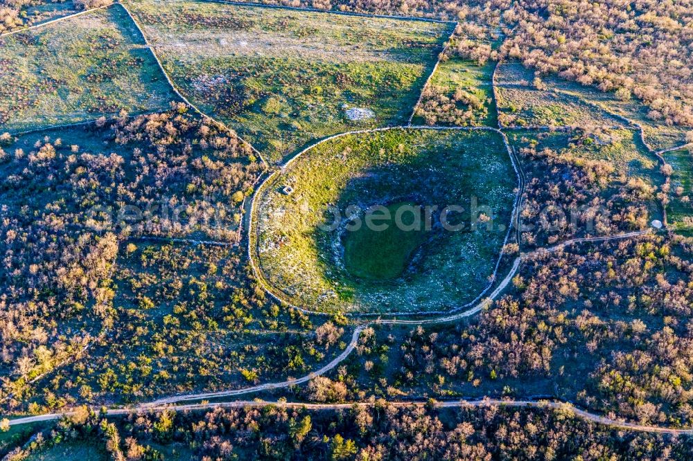 Aerial image Selina - Crater landscape of a carst-doline with Roman remains in Selina in Istirien - Istarska zupanija, Croatia