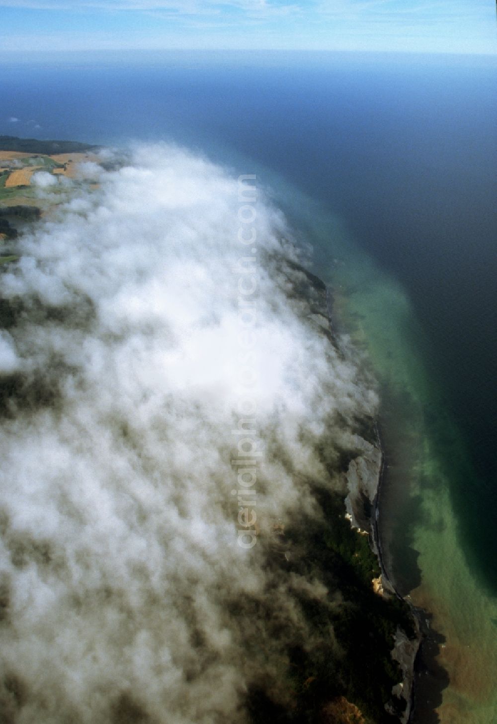 Aerial image Borre - Chalk cliffs of Møns Klint in Borre on the island Moen in Denmark. The clouds over the forest are considered rare natural spectacle that so occurs only in the boundary between land and water