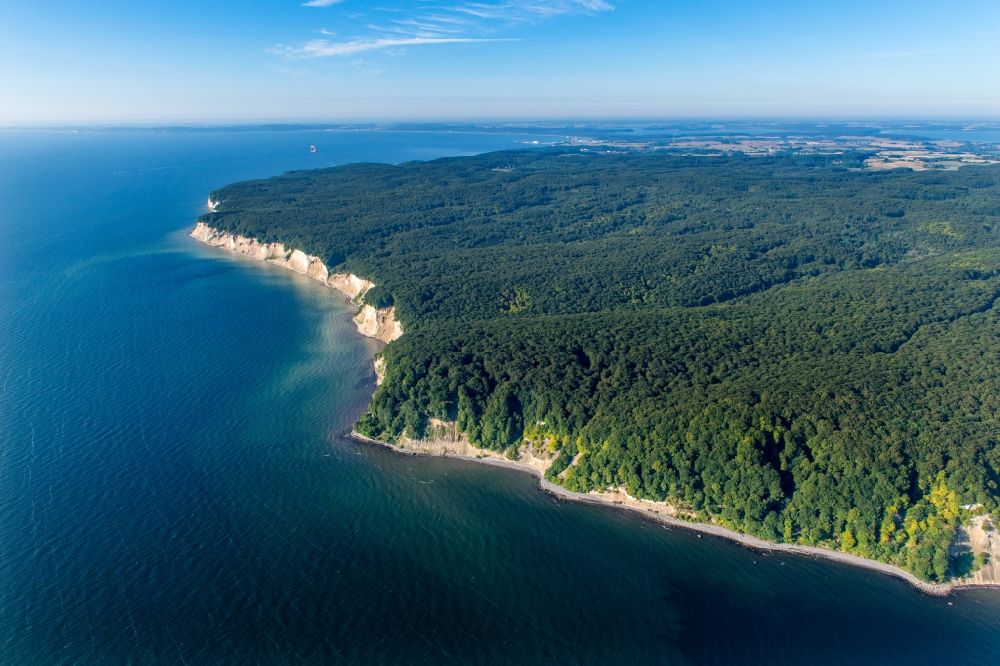 Aerial image Sassnitz - The chalk cliff in the national park Jasmund on the Baltic sea coast in Sassnitz in the state Mecklenburg - Western Pomerania. The Koenigsstuhl belongs to the UNESCO World Heritage