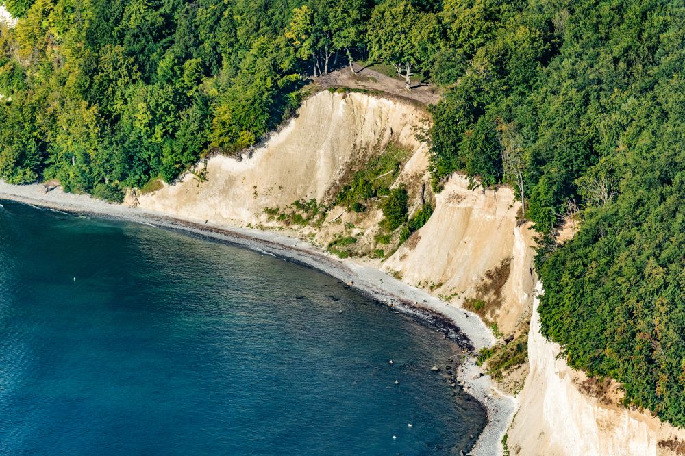 Stubbenkammer from above - Wooded chalk cliffs and cliff landscape in the Jasmund National Park on the cliffs on the Baltic Sea in Stubbenkammer on the island of Ruegen in the state Mecklenburg-West Pomerania, Germany
