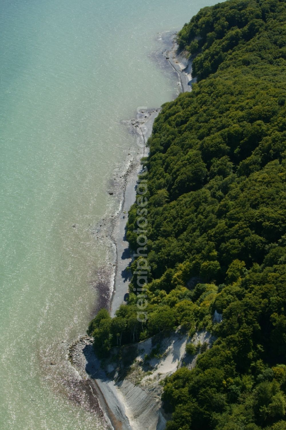 Aerial image Sassnitz - The chalk cliffs in Sassnitz in Mecklenburg-Vorpommern belong to the Jasmund National Park on the island of Ruegen. The beech forests on the ridge Stubnitz are UNESCO World Heritage Site. The old beech stand up to the edge of the cliff. Clear waters of the Baltic Sea lapped the chalk cliffs that consistently change their shape by erosion