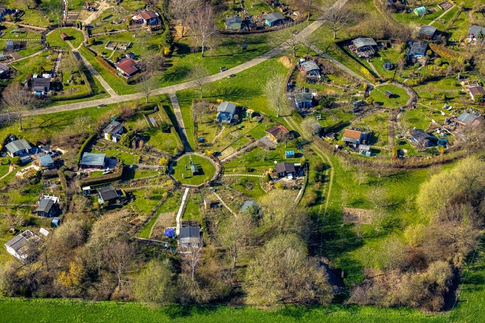 Witten from the bird's eye view: Allotments gardens plots of the association - the garden colony of Kleingartenverein Am Heuweg e.V. in Witten at Ruhrgebiet in the state North Rhine-Westphalia, Germany