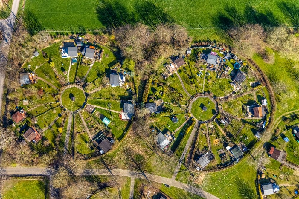 Aerial photograph Witten - Allotments gardens plots of the association - the garden colony of Kleingartenverein Am Heuweg e.V. in Witten at Ruhrgebiet in the state North Rhine-Westphalia, Germany