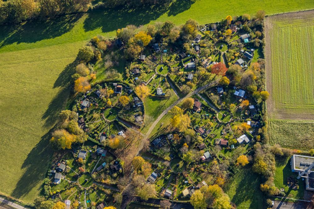 Witten from above - Allotments gardens plots of the association - the garden colony of Kleingartenverein Am Heuweg e.V. in Witten in the state North Rhine-Westphalia, Germany