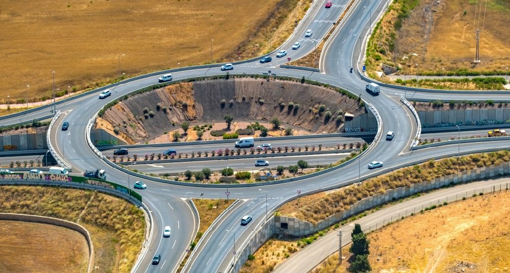 Aerial image Palma - Traffic management of the roundabout road of Autopista Ma-30 and Ma-15 in Palma in Islas Baleares, Spain