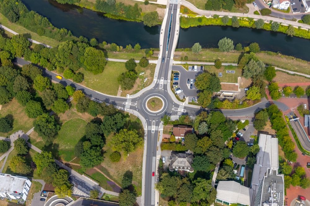 Aerial image Lünen - Traffic management of the roundabout road at the Graf-Adolf-Strasse and the Marie-Juchacz-Strasse in Luenen in the state North Rhine-Westphalia, Germany