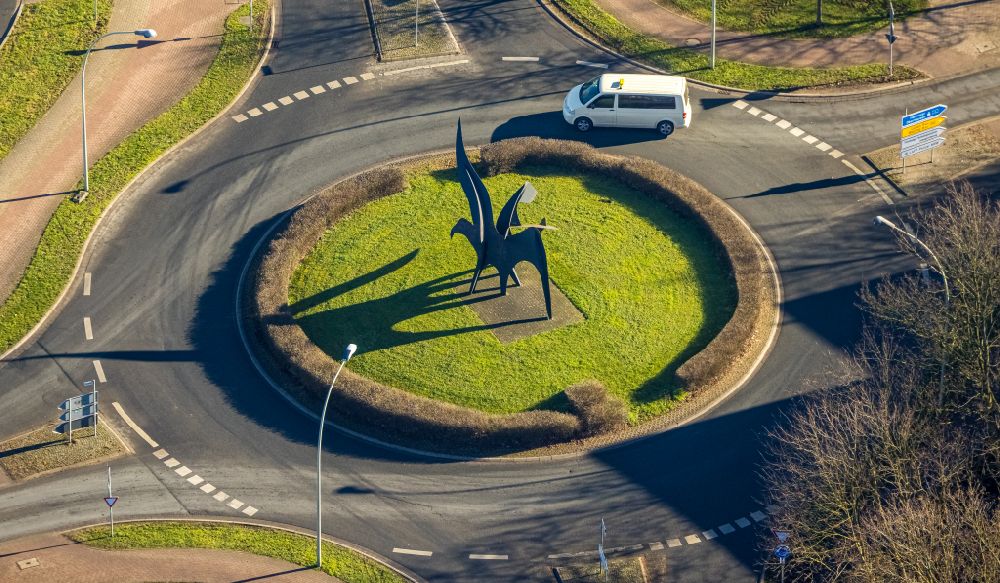 Aerial photograph Bork - Traffic management of the roundabout road on street Netteberger Strasse - Ostwall in Bork in the state North Rhine-Westphalia, Germany