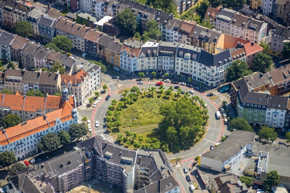 Dortmund from above - Traffic management of the roundabout road Borsigstrasse - Wambeler Strasse in the district Borsigplatz in Dortmund in the state North Rhine-Westphalia, Germany