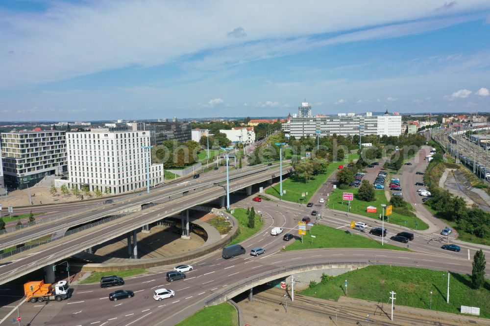 Halle (Saale) from above - Traffic management of the roundabout road federal street B6 und B80 on Riebeckplatz in Halle (Saale) in the state Saxony-Anhalt