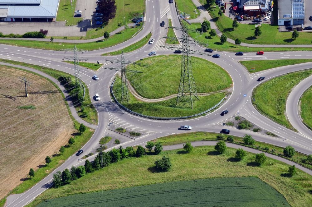 Rheinfelden (Baden) from the bird's eye view: Traffic management of the roundabout and star shaped roads at the industrial area Schildgasse in Rheinfelden (Baden) in the state Baden-Wurttemberg, Germany