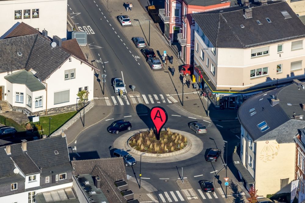 Arnsberg from above - Traffic management of the roundabout road of Clemens-August-Strasse and of Rumbecker Strasse in the district Wennigloh in Arnsberg in the state North Rhine-Westphalia, Germany
