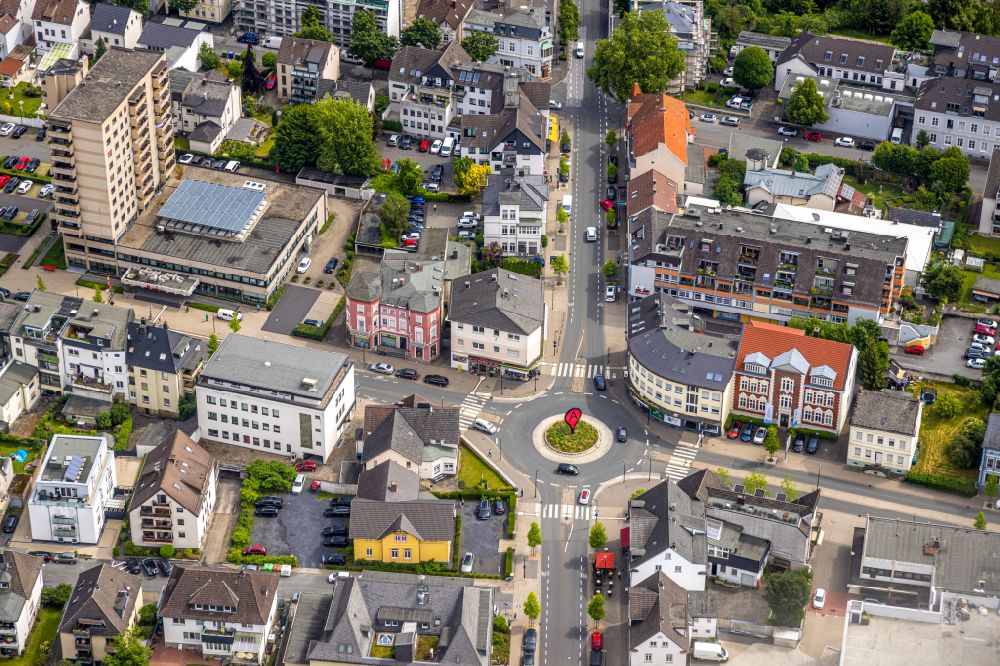 Arnsberg from above - Traffic management of the roundabout road of Clemens-August-Strasse and of Rumbecker Strasse in the district Wennigloh in Arnsberg in the state North Rhine-Westphalia, Germany