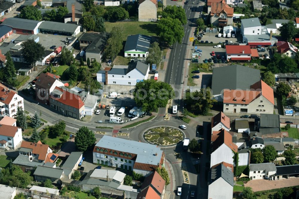 Aerial photograph Rathenow - Traffic management of the roundabout of Curlandstrasse, Semliner Strasse and Meierhoefe in Rathenow in the state Brandenburg