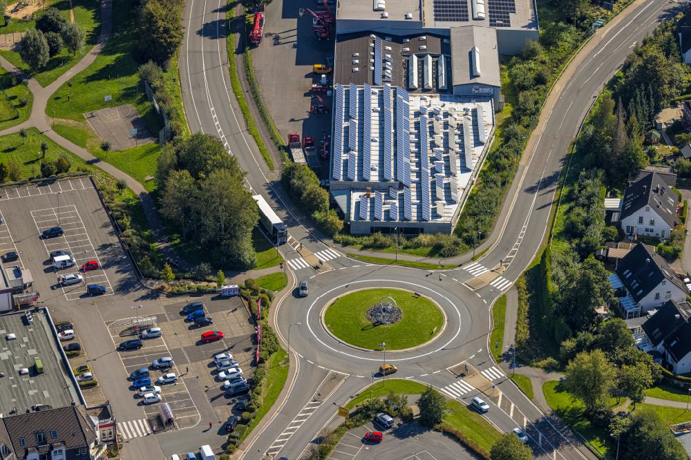 Aerial image Herscheid - Traffic management of the roundabout road on street Auf dem Birkenbruch - Valberter Strasse - Neuer Weg - L561 - Ebbe-Kreisel in Herscheid in the state North Rhine-Westphalia, Germany