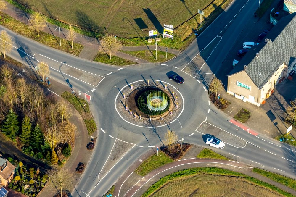 Hamm from above - Traffic management of the roundabout road Frielicker Weg - Vogelstrasse - Ahlener Strasse in the district Heessen in Hamm in the state North Rhine-Westphalia, Germany