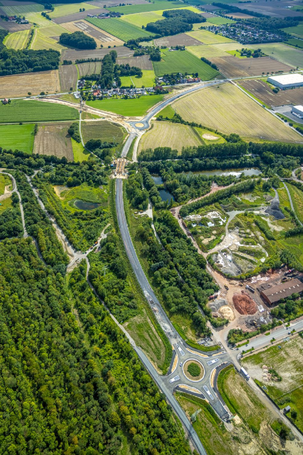 Aerial image Ahlen - Traffic management of the roundabout and the course of the road at the commercial area Zeche Westfalen on Bergamtsstrasse in Ahlen in the state North Rhine-Westphalia, Germany
